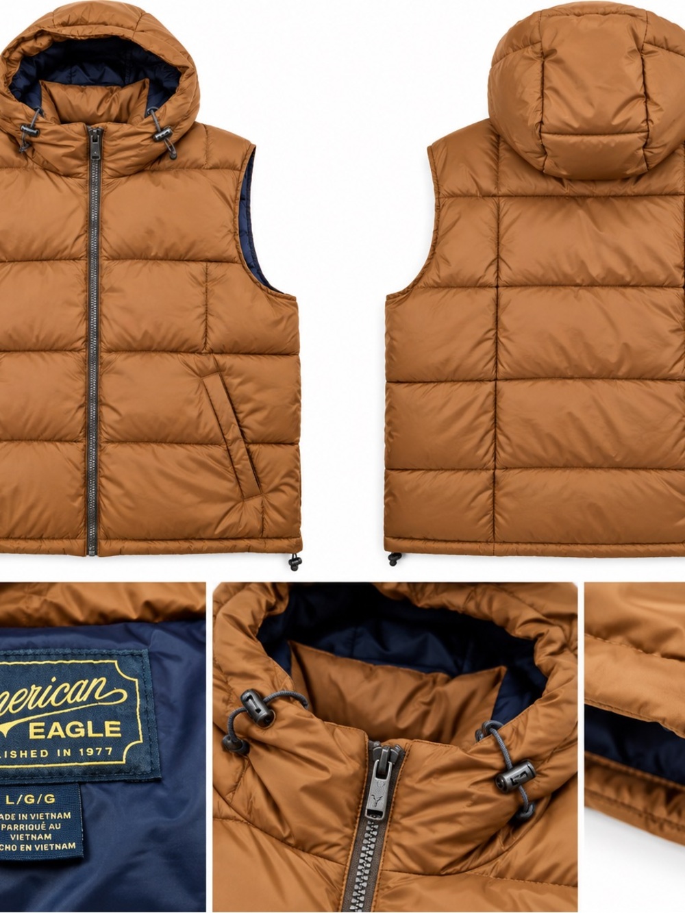 American Eagle Outfitters Men’s Hooded Puffer Vest in Caramel and Navy